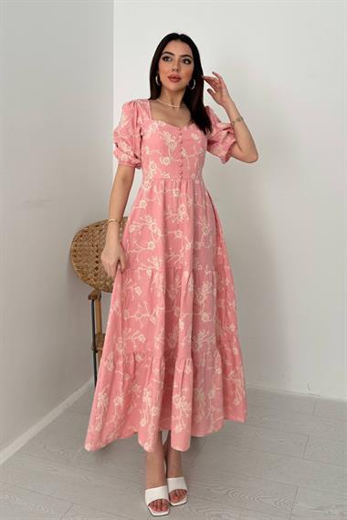 Toptan Pembe Süs Düğmeli Balon Kollu Elbise