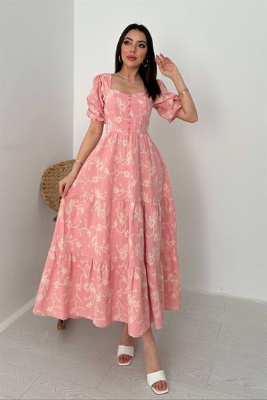 Toptan Pembe Süs Düğmeli Balon Kollu Elbise