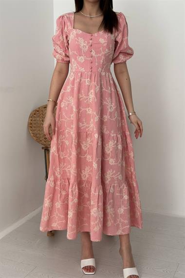 Toptan Pembe Süs Düğmeli Balon Kollu Elbise