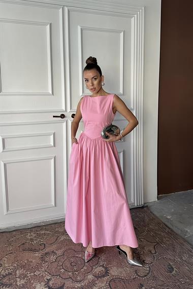 Toptan Pembe Uzun Büzgülü Elbise