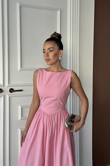 Toptan Pembe Uzun Büzgülü Elbise