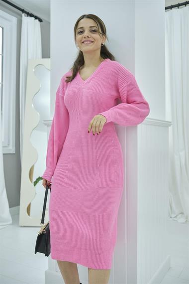 Toptan Pembe V Yaka Elbise