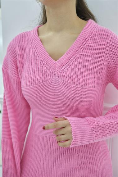 Toptan Pembe V Yaka Elbise