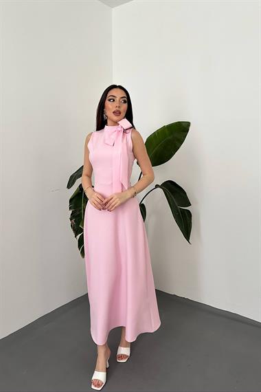 Toptan PEMBE Yaka Fiyonklu Uzun Elbise