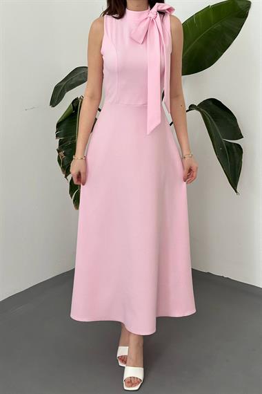 Toptan PEMBE Yaka Fiyonklu Uzun Elbise