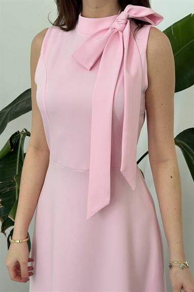 Toptan PEMBE Yaka Fiyonklu Uzun Elbise