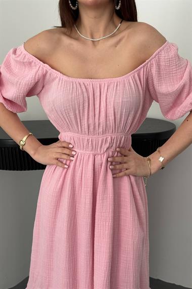 Toptan Pembe Yakası Büzgülü Müslin Keten Elbise