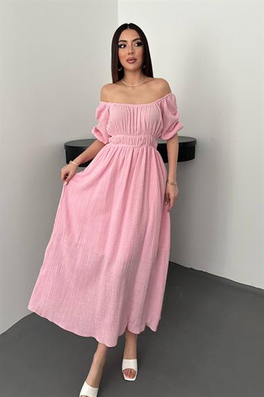 Toptan Pembe Yakası Büzgülü Müslin Keten Elbise