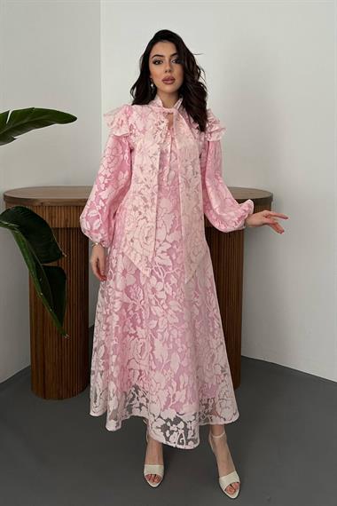 Toptan Pembe Yakası Fular Detaylı Elbise