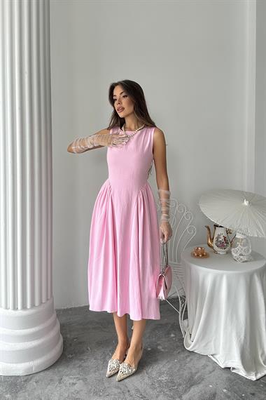 Toptan Pembe Yanları Büzgülü Midi Boy Keten Elbise