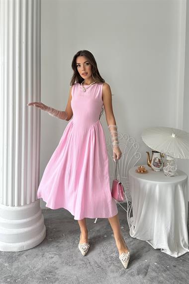 Toptan Pembe Yanları Büzgülü Midi Boy Keten Elbise