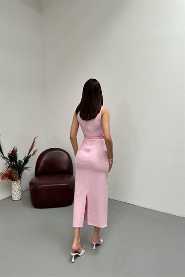 Toptan Pembe Yırtmaçlı Kemerli Kolsuz Elbise