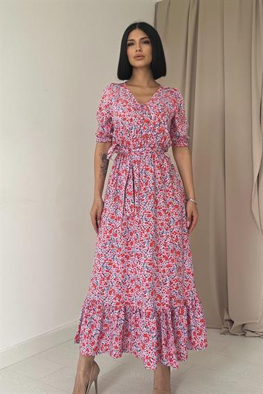 Toptan Pembe Yırtmaçlı ve Desenli Elbise