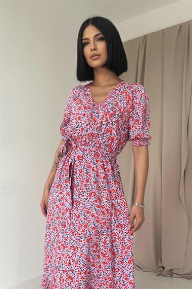 Toptan Pembe Yırtmaçlı ve Desenli Elbise