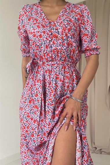 Toptan Pembe Yırtmaçlı ve Desenli Elbise