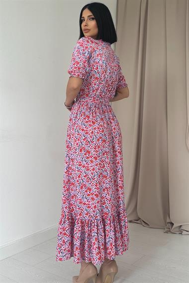 Toptan Pembe Yırtmaçlı ve Desenli Elbise