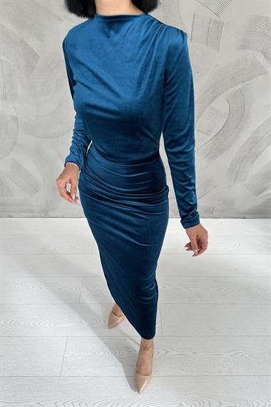 Toptan Petrol Kadife Dik Yaka Elbise