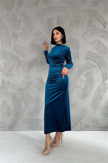 Toptan Petrol Kadife Dik Yaka Elbise