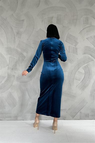 Toptan Petrol Kadife Dik Yaka Elbise