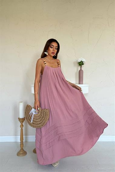 Toptan Pudra Askılı Müslin Elbise
