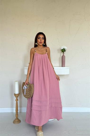 Toptan Pudra Askılı Müslin Elbise