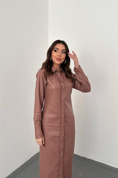 Toptan Pudra Boydan Düğmeli Deri Elbise