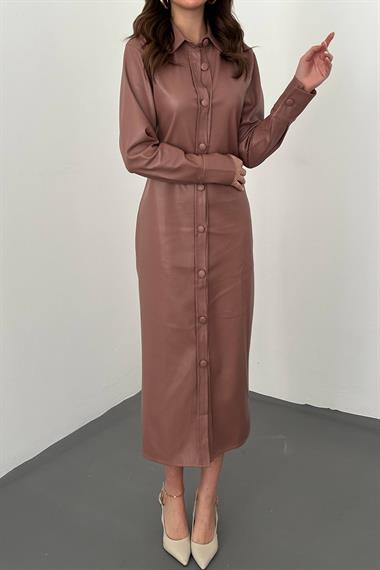 Toptan Pudra Boydan Düğmeli Deri Elbise