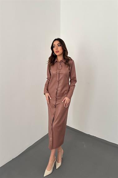 Toptan Pudra Boydan Düğmeli Deri Elbise