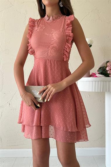 Toptan Pudra Çiçek Desenli Elbise