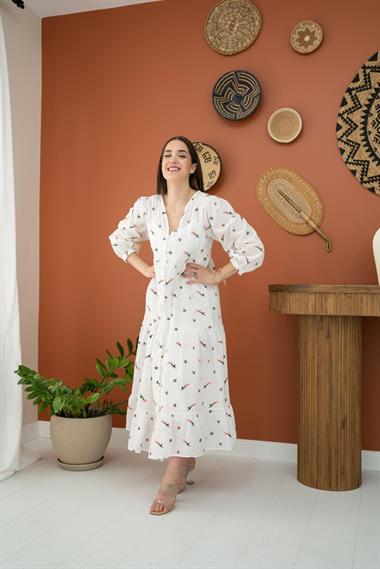 Toptan Pudra Çiçekli Vual Elbise