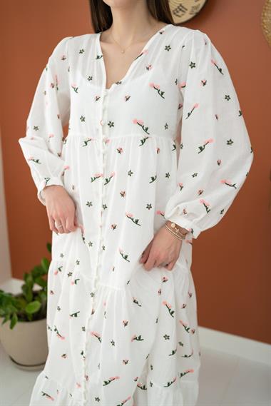 Toptan Pudra Çiçekli Vual Elbise