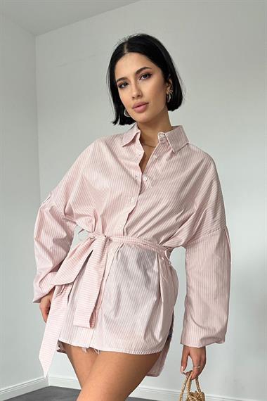 Toptan Pudra Çizgili Poplin Kuşaklı Gömlek