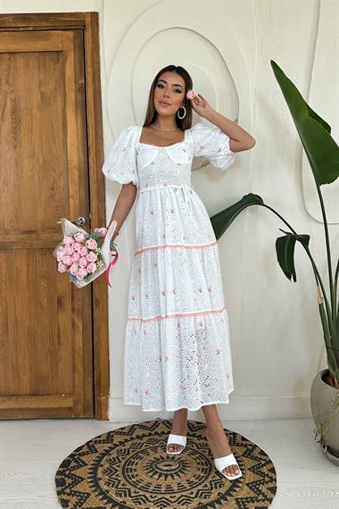 Toptan Pudra Dantel Detaylı Brode Elbise