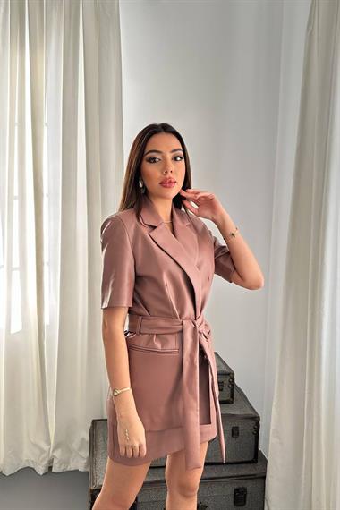 Toptan Pudra Deri Ceket ve Etek Takım