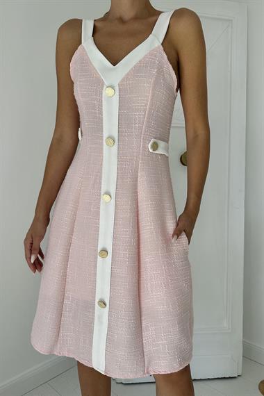 Toptan Pudra Ekru Süs Cepli Askılı Elbise