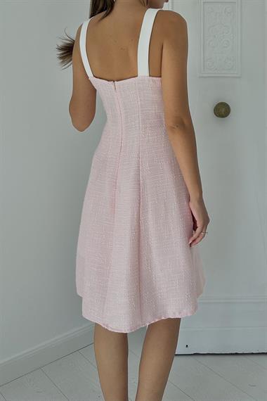 Toptan Pudra Ekru Süs Cepli Askılı Elbise