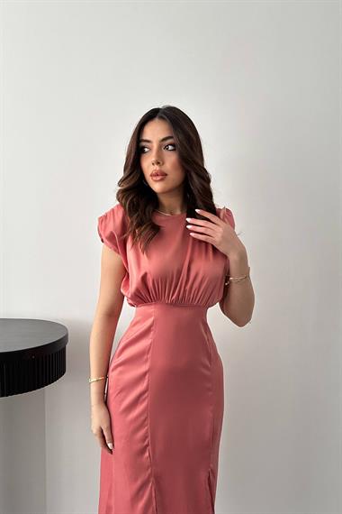 Toptan Pudra Eteği Yırtmaçlı Helen Elbise