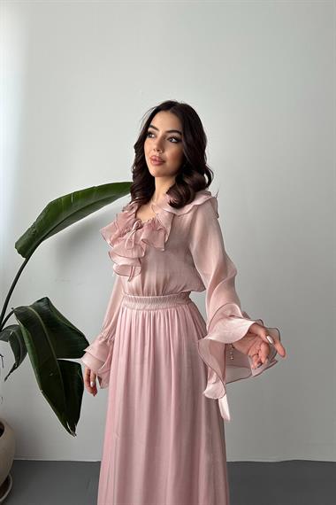 Toptan Pudra Fırfırlı Bluz Lastikli Etek Takım