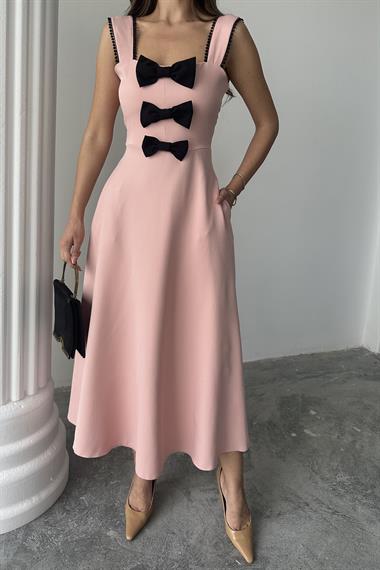 Toptan Pudra Fiyonk Garnili Dantelli Elbise