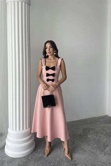 Toptan Pudra Fiyonk Garnili Dantelli Elbise