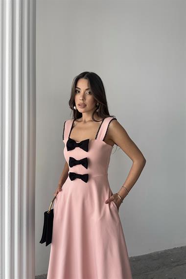 Toptan Pudra Fiyonk Garnili Dantelli Elbise