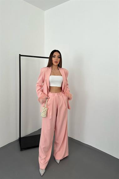 Toptan Pudra Kol Ucu Tüylü Ceket & Pantolon Takım