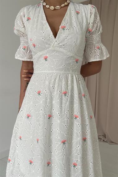 Toptan Pudra Kolu Gipeli Brode Elbise