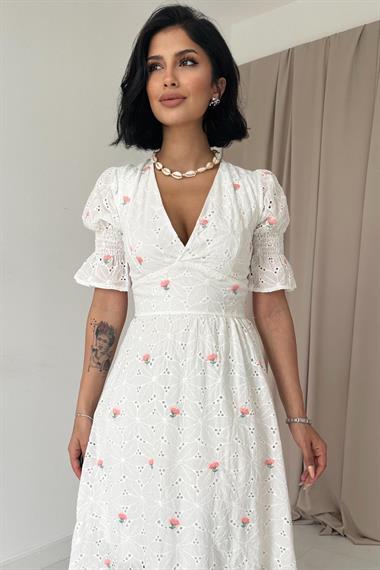 Toptan Pudra Kolu Gipeli Brode Elbise