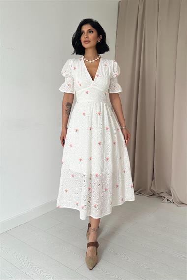 Toptan Pudra Kolu Gipeli Brode Elbise