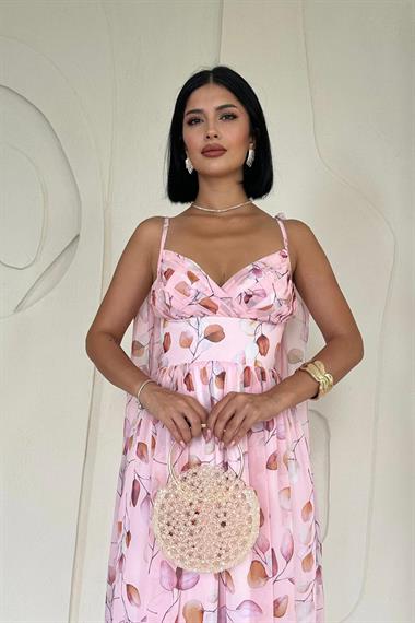 Toptan Pudra Şifon Drapeli Elbise