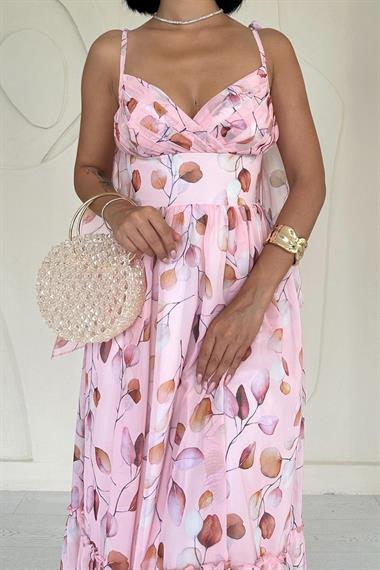 Toptan Pudra Şifon Drapeli Elbise