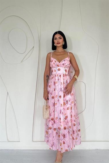 Toptan Pudra Şifon Drapeli Elbise