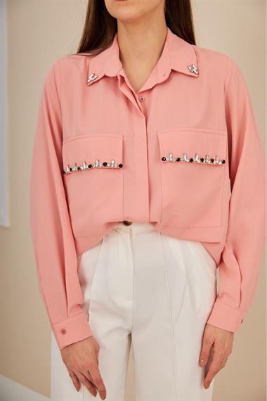 Wholesale Powder Stone Embroidered Satin Shirt