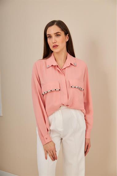 Wholesale Powder Stone Embroidered Satin Shirt